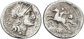 ROMAN COINS: ROMAN REPUBLIC
Denario. 116-115 a.C. SERGIA-1. M. Sergius Silus. 3,82 grs. AR. (Oxidaciones limpiadas). Cal-1271; Craw-286/1; FFC-1111. ...
