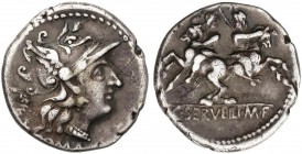ROMAN COINS: ROMAN REPUBLIC
Denario. 136 a.C. SERVILIA-1. C. Servilius M. f. Augur. 3,83 grs. AR. (Rayitas). Pátina oscura. Cal-1275; Craw-239/1; FFC...