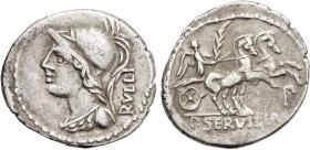 ROMAN COINS: ROMAN REPUBLIC
Denario. 100 a.C. SERVILIA-14. P. Servilius M. f. Rullus. Anv.: Cabeza de Minerva a izquierda, detrás RVLLI. Rev.: Victor...