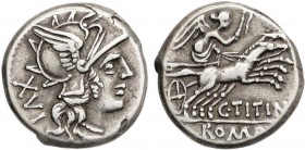 ROMAN COINS: ROMAN REPUBLIC
Denario. 141 a.C. TITINIA-7. C. Titinius Gadaeus. 3,94 grs. AR. Ligera pátina. Cal-1303; Craw-226/1; FFC-1144. EBC-.