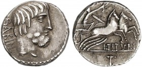 ROMAN COINS: ROMAN REPUBLIC
Denario. 89 a.C. TITURIA-6b. L. Titurius L. f Sabinus. Anv.: Cabeza del rey Tatius a derecha, detrás SABIN. Rev.: Victori...