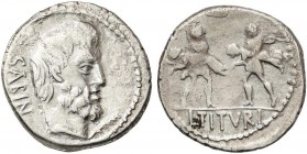 ROMAN COINS: ROMAN REPUBLIC
Denario. 89 a.C. TITURIA-2. L. Titurius L. f Sabinus. Anv.: Cabeza del rey Tatius a derecha, delante una palma, detrás SA...