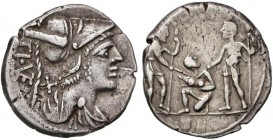 ROMAN COINS: ROMAN REPUBLIC
Denario. 137 a.C. VETURIA-1. Ti. Veturius. Rev.: Un cerdo en brazos del ´sacerdos fecialis´ arrodillado entre dos soldado...