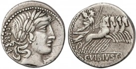 ROMAN COINS: ROMAN REPUBLIC
Denario. 90 a.C. VIBIA-2. C. Vibius C. f. Pansa. Anv.: Cabeza laureada de Apolo a derecha con rizos en la nuca, debajo de...