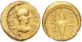 ROMAN COINS: ROMAN EMPIRE
Áureo. Acuñada el 45 a.C. JULIO CÉSAR. Anv.: C. CAES. DIC. TER. Busto alado y drapeado de la Victoria a derecha. Rev.: L. P...