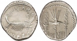 ROMAN COINS: ROMAN EMPIRE
Denario. Acuñada el 32-31 a.C. MARCO ANTONIO. Anv.: Galera pretoriana a derecha. ANT.AVG.III.VIR.R.P.C. Rev.: Águila legion...