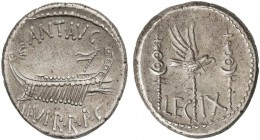 ROMAN COINS: ROMAN EMPIRE
Denario. Acuñada el 32-31 a.C. MARCO ANTONIO. Anv.: Galera pretoriana a derecha. ANT.AVG.III.VIR.R.P.C. Rev.: Águila legion...