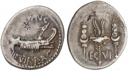 ROMAN COINS: ROMAN EMPIRE
Denario. Acuñada el 32-31 a.C. MARCO ANTONIO. Anv.: Galera pretoriana a derecha. (ANT.) AVG. III VIR. R. P. C. Rev.: Águila...