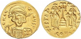 BYZANTINE COINS
Sólido. (668-685 d.C.). CONSTANTINO IV POGONATUS. CONSTANTINOPLA. Anv.: dN COTNYGP. Busto de frente con casco, coraza y lanza. Rev.: ...