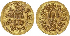 VISIGOTHIC COINS
Triente. SUINTILA a nombre de SINDILA (621-631 d.C.). EMERITA (Lusitania). Anv.: ¶SINDILAREx. Rev.: ¶EMERI[T]APIVS :. 1,51 grs. AU. ...