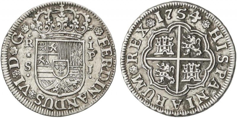 SPANISH MONARCHY: FERDINAND VI
1 Real. 1754. SEVILLA. P.J. 2,92 grs. (Limpiada)...