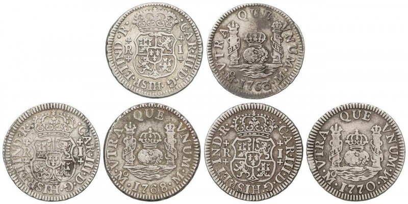 SPANISH MONARCHY: CHARLES III
Lote 3 monedas 1 Real. 1763/2, 1768 y 1770. MÉXIC...