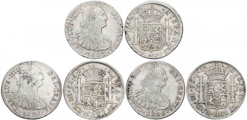 SPANISH MONARCHY: CHARLES IV
Lote 3 monedas 8 Reales. 1803, 1805, 1808. LIMA. J...