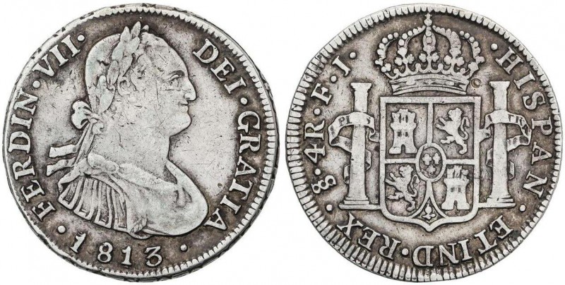 SPANISH MONARCHY: FERDINAND VII
4 Reales. 1813. SANTIAGO. F.J. 12,95 grs. Busto...