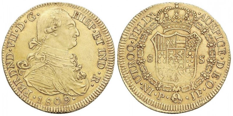 SPANISH MONARCHY: FERDINAND VII
8 Escudos. 1809. POPAYÁN. J.F. 26,91 grs. Busto...