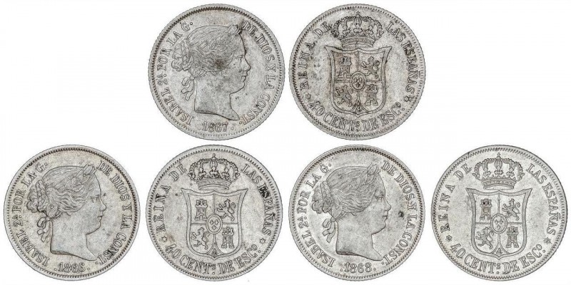 SPANISH MONARCHY: ELISABETH II
 Lote 3 monedas 40 Céntimos de Escudo . 1866, 18...