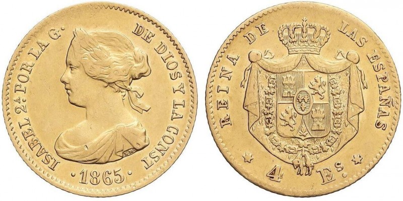 SPANISH MONARCHY: ELISABETH II
4 Escudos. 1865. MADRID. 3,31 grs. AC-688. MBC+.