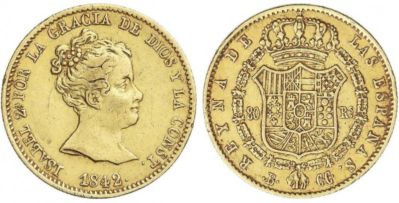 SPANISH MONARCHY: ELISABETH II
80 Reales. 1842. BARCELONA. C.C. 6,7 grs. (Golpe...