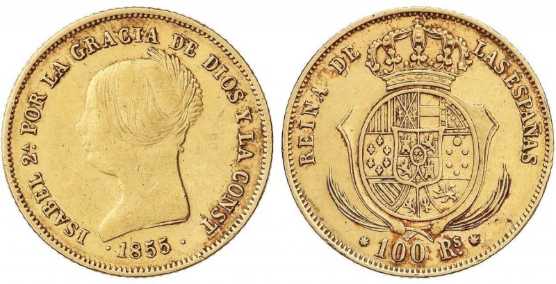 SPANISH MONARCHY: ELISABETH II
100 Reales. 1855. BARCELONA. 8,32 grs. AC-763. M...