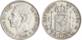 PESETA SYSTEM: ALFONSO XII
50 Céntimos. 1885 (*18-86). M.S.-M. (Leve Rayita). Restos Brillo Original. SC-.