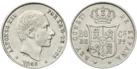 PESETA SYSTEM: ALFONSO XII
20 Centavos de Peso. 1883. MANILA. (Manchitas en reverso). Suave pátina irisada. ESCASA ASÍ. EBC.