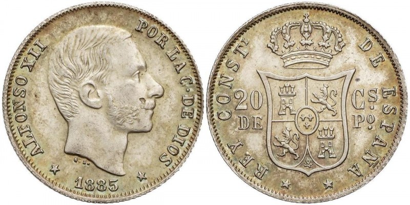 PESETA SYSTEM: ALFONSO XII
20 Centavos de Peso. 1885. MANILA. (Hojita en anvers...