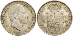 PESETA SYSTEM: ALFONSO XII
20 Centavos de Peso. 1885. MANILA. (Hojita en anverso). Bonita pátina. Restos de brillo original. SC-.