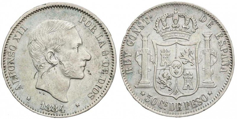 PESETA SYSTEM: ALFONSO XII
50 Centavos de Peso. 1884. MANILA. (Rayas y pequeña ...