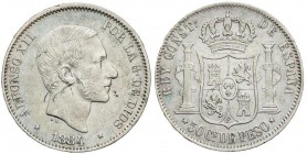 PESETA SYSTEM: ALFONSO XII
50 Centavos de Peso. 1884. MANILA. (Rayas y pequeña prueba de metal en canto). MUY ESCASA. (MBC+).