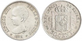 PESETA SYSTEM: ALFONSO XIII
50 Céntimos. 1892 (*9-2). P.G.-M. SC-.