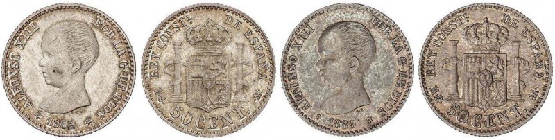 PESETA SYSTEM: ALFONSO XIII
Lote 2 monedas 50 Céntimos. 1889 y 1892/89. 1889 (*...