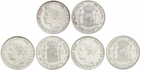 PESETA SYSTEM: ALFONSO XIII
Lote 3 monedas 1 Peseta. 1896, 1899 y 1900. 1896 (*18-96) P.G.-V., 1899 (*18-99) S.G.-V. y 1900 (*19-00) S.M.-V. Restos d...