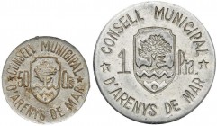PESETA SYSTEM: LOCAL ISSUES OF THE CIVIL WAR
Serie 2 monedas 50 Cèntims y 1 Pesseta. C.M. d´ ARENYS DE MAR. Al. A EXAMINAR. ESCASA. Cal-3; Vti-L18/L1...