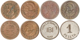 PESETA SYSTEM: LOCAL ISSUES OF THE CIVIL WAR
Serie 4 monedas 25 Céntimos (3) y 1 Peseta. 1937. C.M. de IBI. AE y latón segmentado. Serie completa con...