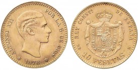 PESETA SYSTEM: OFFICIAL RESTRIKES
10 Pesetas. 1878 (*19-62). D.E.-M. (Leve exceso de metal en gráfila de reverso a las doce). EBC-/EBC.