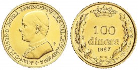 WORLD COINS: ANDORRA
100 Diners. 1987. 5,02 grs. AU. Joan D.M. Bisbe d´Urgell. Tirada: 2.000 piezas. Con cerificado. Fr-3; KM-41. SC.