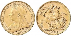 WORLD COINS: AUSTRALIA
Soberano. 1897-M. VICTORIA. MELBOURNE. 7,98 grs. AU. (Leves golpecitos). Restos de brillo original. Fr-24; KM-13. EBC.