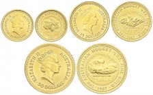 WORLD COINS: AUSTRALIA
Serie 3 monedas 15, 25 y 50 Dólares. 1987. ISABEL II. 3,13, 7,79 y 15,57 grs. AU. The Australian Nugget. Fr-B2, B3, B4; KM-95/...