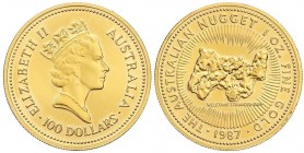 WORLD COINS: AUSTRALIA
100 Dólares. 1987. ISABEL II. 31,17 grs. AU. The Australian Nugget. (Levísimos golpecitos en canto). Fr-B1; KM-98. PROOF.