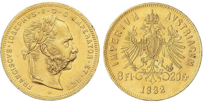 WORLD COINS: AUSTRIA
8 Florines-20 Francos. 1882. FRANCISCO JOSÉ I. 6,43 grs. A...