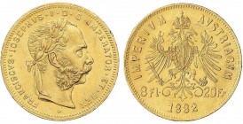 WORLD COINS: AUSTRIA
8 Florines-20 Francos. 1882. FRANCISCO JOSÉ I. 6,43 grs. AU. Fr-502; KM-2269. EBC.