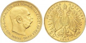 WORLD COINS: AUSTRIA
20 Coronas. 1915. FRANCISCO JOSÉ I. 6,76 grs. AU. Reacuñación oficial (Restrike). Brillo original. Fr-509R; KM-2818. SC.