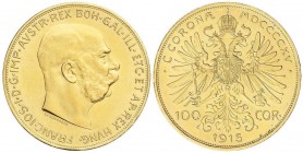 WORLD COINS: AUSTRIA
100 Coronas. 1915. FRANCISCO JOSÉ I. 33,82 grs. AU. Reacuñación oficial (Restrike). Fr-507R ; KM-2819. SC.