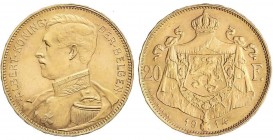 WORLD COINS: BELGIUM
20 Francos. 1914. ALBERTO I. 6,48 grs. AU. Leyenda flamenca. Leyenda canto en posición A. (Pequeños golpecitos). Fr-422; KM-79. ...