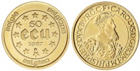WORLD COINS: BELGIUM
50 Ecu. 1987. 17,27 grs. AU. Carlos V. Fr-427; KM-167. PROOF.