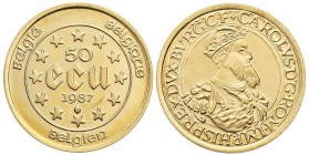 WORLD COINS: BELGIUM
Lote 2 monedas 50 Ecu. 1987. AU. Carlos V. Fr-427; KM-167. PROOF.