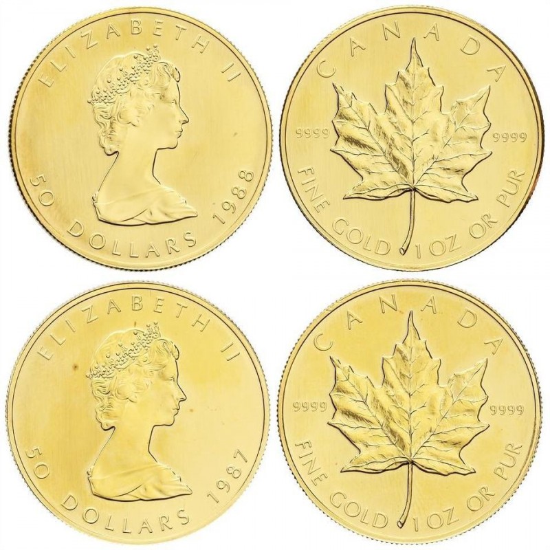 WORLD COINS: CANADA
Lote 2 monedas 50 Dólares. 1987 y 1988. ISABEL II. AU. Fr-B...