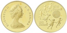 WORLD COINS: CANADA
100 Dólares. 1979. ISABEL II. 16,89 grs. AU. Año del Niño. Fr-10; KM-126. PROOF.
