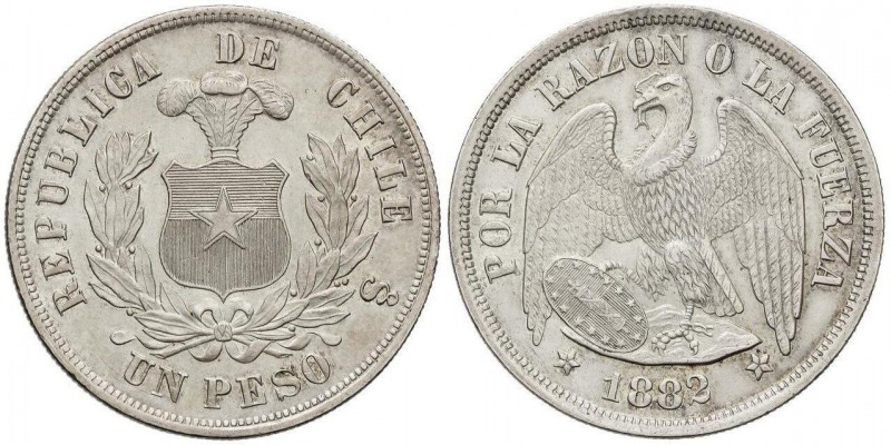 WORLD COINS: CHILE
1 Peso. 1882/1. SANTIAGO. 25,04 grs. AR. Restos de brillo or...