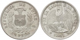 WORLD COINS: CHILE
1 Peso. 1882/1. SANTIAGO. 25,04 grs. AR. Restos de brillo original. KM-142.1. EBC.
